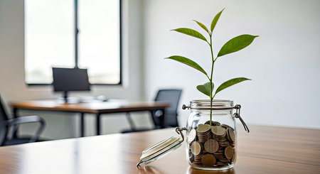 Green sprout emerging from a glass jar full of coins on an office desk representing financial investmentの写真素材