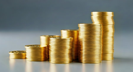 Towering Stacks of Shimmering Golden Coins Representing Wealth and Financial Growth