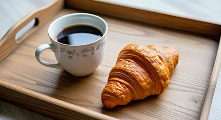 Coffee and Croissant on Wooden Tray Delightful Breakfast Concept Morning Ritual