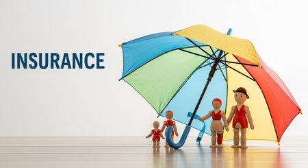 Protective Umbrella Providing Shelter for Wooden Dolls Symbolizing Family Insurance Coverageの写真素材
