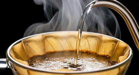 Pouring hot coffee in a pan on a black background with smokeの写真素材