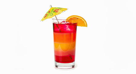 Vibrant Sunset Tequila Sunrise Highball Glass Tiny Umbrella White Backgroundの写真素材