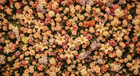 Decorative Artificial Flowers Wall Background Vintage Aesthetic Floral Backdropの写真素材