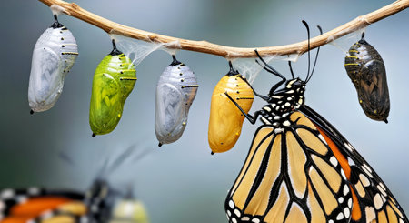 Monarch Butterfly Pupae Cocoons Suspended Nature Transformation Lifecycle Artの写真素材