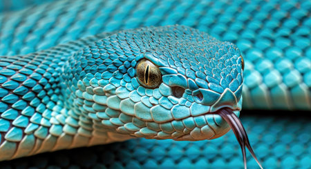 Striking Blue Viper Snake Closeup Face Hypnotic Reptile Eyes Wild Predatorの写真素材