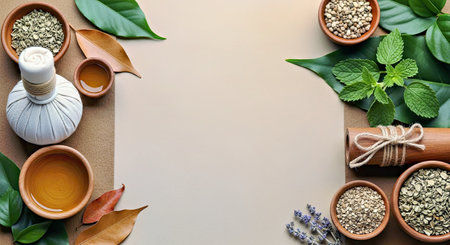 Calming Ayurvedic Nature Elements Backdrop Earthy Tones Leaves Herbs Medicinal Plantsの写真素材