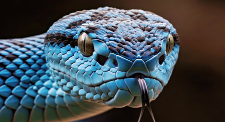 Intense Blue Viper Snake Closeup Face Fierce Reptile Portrait Deadly Predatorの写真素材