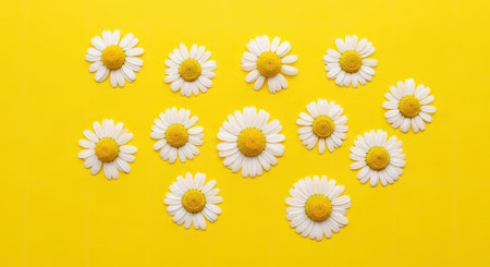 Chamomile Flowers Yellow Background Spring Summer Concept Flat Lay Top View Sceneの写真素材