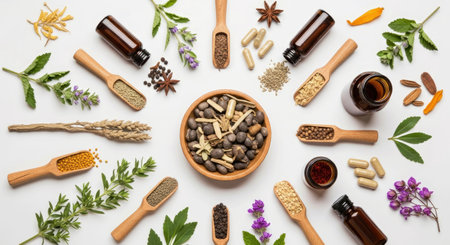 Flat Lay Ayurvedic Medicine Herbs Spices White Background Natural Wellness Holisticの写真素材