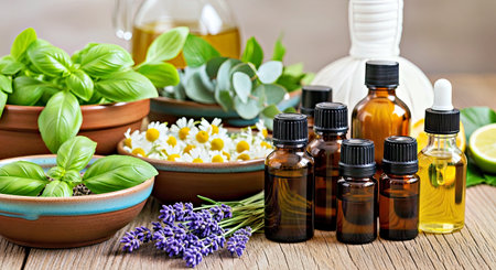 Assortment Fresh Garden Herbs Massage Aromatherapy Oils Table Natural Healing Ritualsの写真素材