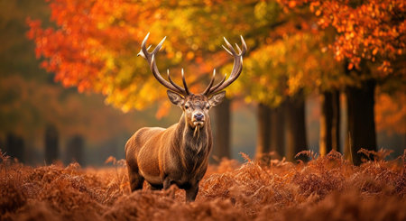 Majestic Red Deer Stag Portrait in Autumn Fall Forest Wild Animal Wildlife Photographyの写真素材