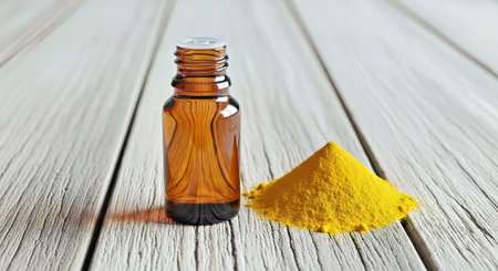 Turmeric Powder Bottle Essential Oil Isolated Old Wood Table Natural Remedyの写真素材
