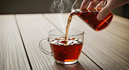 Freshly Poured Black Tea in Glass Cup on Wooden Table Cozy Drink Moment