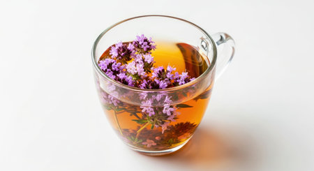 Soothing Thyme Herbal Tea with Delicate Flowers in Glass Cup Pure White Backdropの写真素材