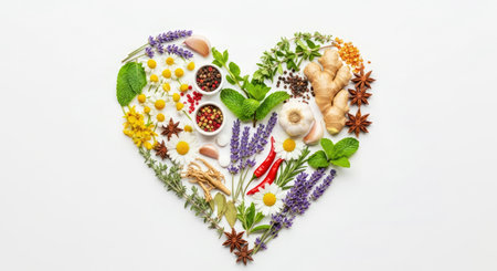 Top View Herbal Medicines Spices Herbs Heart Shape White Background Wellnessの写真素材