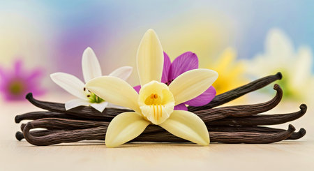 Elegant Vanilla Beans Flower Blurred Backdrop Natural Sweet Aroma Ingredient Cuisine