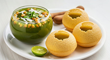 Delicious North South Indian Street Food Pani Puri Gol Gappa Tamarind Water White Plate