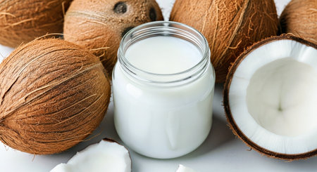 Organic Coconut Oil with Fresh Coconuts Composition on Clean White Background Isolated