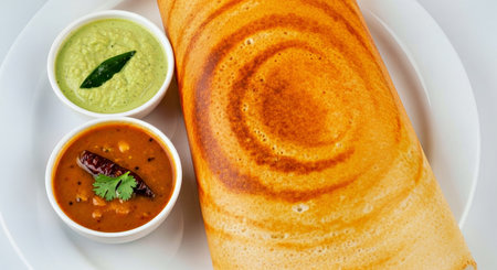Traditional Dosa South Indian Breakfast Crepes Served with Chutney Sambar Overhead View