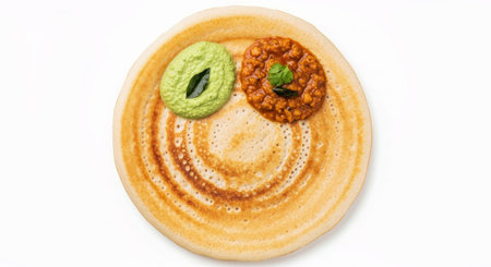 Authentic Dosa South Indian Breakfast Crepes with Chutney Sambar Top View Meal