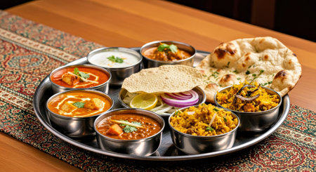 Colorful Indian Food Platter Thali Assortment Traditional Spiced Delicious Dishesの写真素材
