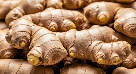 Organic Texture Fresh Ginger Roots Background Culinary Essential Spice Natural Healingの写真素材