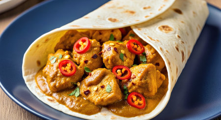 Spicy Curried Chicken Pieces Tortilla Wrap Delicious Flavorful Indian Fusion Snackの写真素材