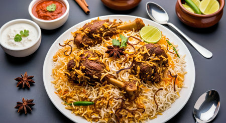 Delicious Mutton Biryani Traditional Sides Closeup Top View Flavorful Indian Feastの写真素材