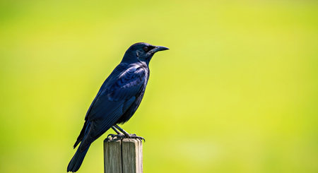 Dark Black Bird Perched Wooden Stump Blurred Green Grassland Wildlife Portraitの写真素材