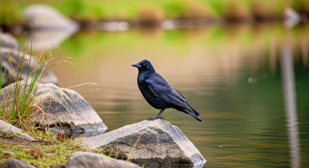 American Crow Bird Standing Rock Lake Edge Wildlife Nature Observationの写真素材