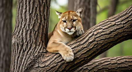 Wild Cougar Resting Peacefully Tree Minimalistic Silhouette Nature Predatorの写真素材