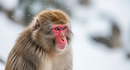 Adult Snow Monkey Grey Face Pink Head Watching Wildlife Outdoors Natureの写真素材