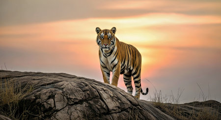 Majestic Bengal Tiger Rocky Hill Sunset Vista Wild Animal Portrait Natureの写真素材