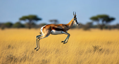 Detailed Close Up Graceful Springbok Jumping Savannah Habitat Wildlife Actionの写真素材