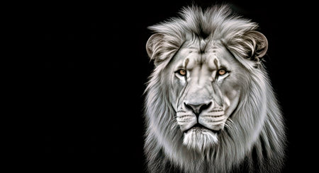 Powerful African Male Lion Portrait Greyscale Black Background Wildlife Artの写真素材