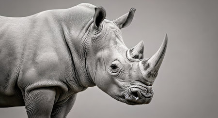 Imposing Rhino Portrait Grey Background Natural Texture Minimalist Wildlifeの写真素材
