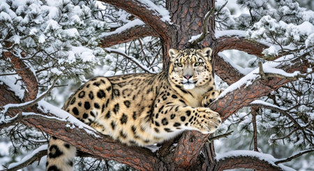 Elusive Snow Leopard Resting Tree Branch Winter Wildlife Natureの写真素材