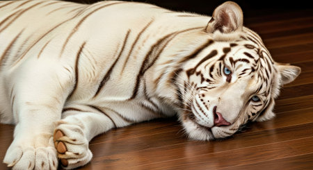 Majestic White Tiger Resting Peacefully Wooden Floor Rare Wildlife Big Catの写真素材