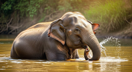 Male Asian Elephant Enjoying Bathing Wild Animal Nature Water Playの写真素材