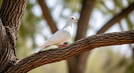 Peaceful White Dove Sitting Tree Branch Serene Wildlife Bird Natureの写真素材