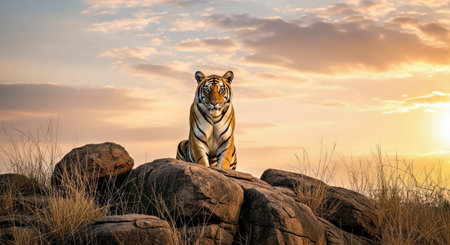 Solitary Adult Bengal Tiger Rocky Hill Sunset Sky Wild Animal Natureの写真素材
