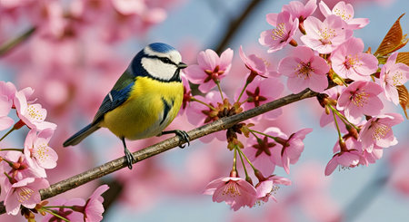 Blue Tit Bird Sitting Blossom Cherry Tree Spring Time Nature Beautyの写真素材