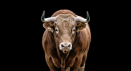 Powerful Bull Livestock Cattle Animal Portrait Against Black Studio Backgroundの写真素材