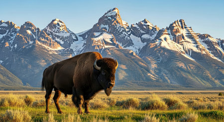 Mighty Bison Grand Teton Mountain Range Grassland Majestic Wildlifeの写真素材