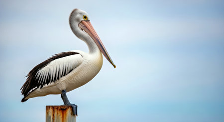 Australian Pelican Pelecanus Conspicillatus Perched Metal Pole Wildlife Birdの写真素材