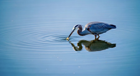 Elegant Blue Heron Reflection Calm Blue Water Fishing Wildlife Bird Sceneの写真素材