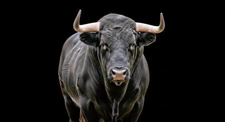Powerful Black Bull Livestock Cattle Animal Portrait Against Dark Backgroundの写真素材