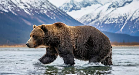Alaskan Brown Bear In Water Fishing Wildlife Photography Majestic Predatorの写真素材