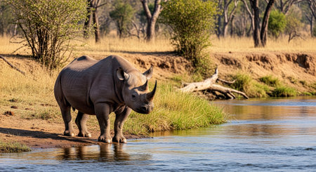 Endangered Black Rhino Bull on River Bank Wildlife Safari African Nature Sceneの写真素材