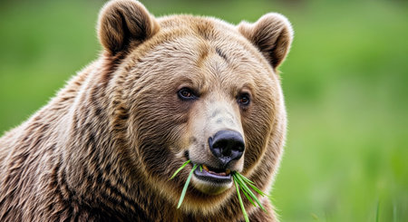 Close Up Brown Bear Chewing Fresh Grass Alaskan Wildlife Nature Foragingの写真素材